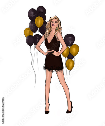 A young woman with long blonde wavy hair stands and poses. A slender girl  in a cocktail short dress in black and high-heeled shoes. Balloons.  Illustration Stock Illustration