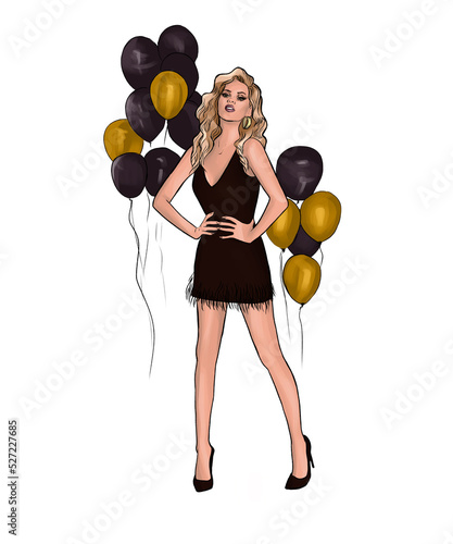 A young woman with long blonde wavy hair stands and poses. A slender girl in a cocktail short dress in black and high-heeled shoes. Balloons. Illustration