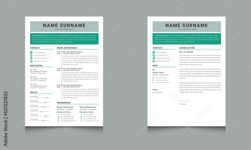 Professional Simple Resume/CV Layouts with Green Header Accents cv Template vector design