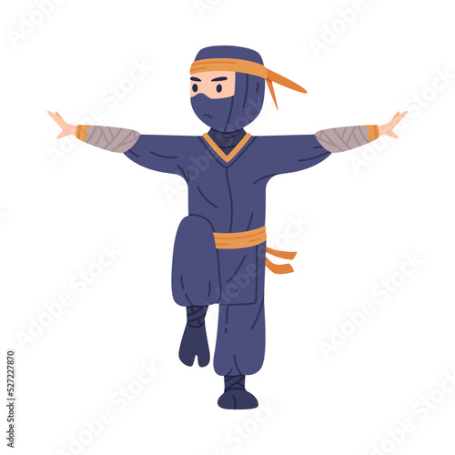 Standing on One Leg Ninja or Shinobi Character as Japanese Covert Agent or Mercenary in Shozoku Disguise Costume Vector Illustration