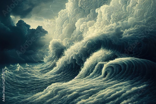 Fototapet Turbulent ocean waves, dangerous storm surf - moody overcast storm clouds, gale force winds and impossibly dangerous hurricane rainy surreal scene seascape digital illustration