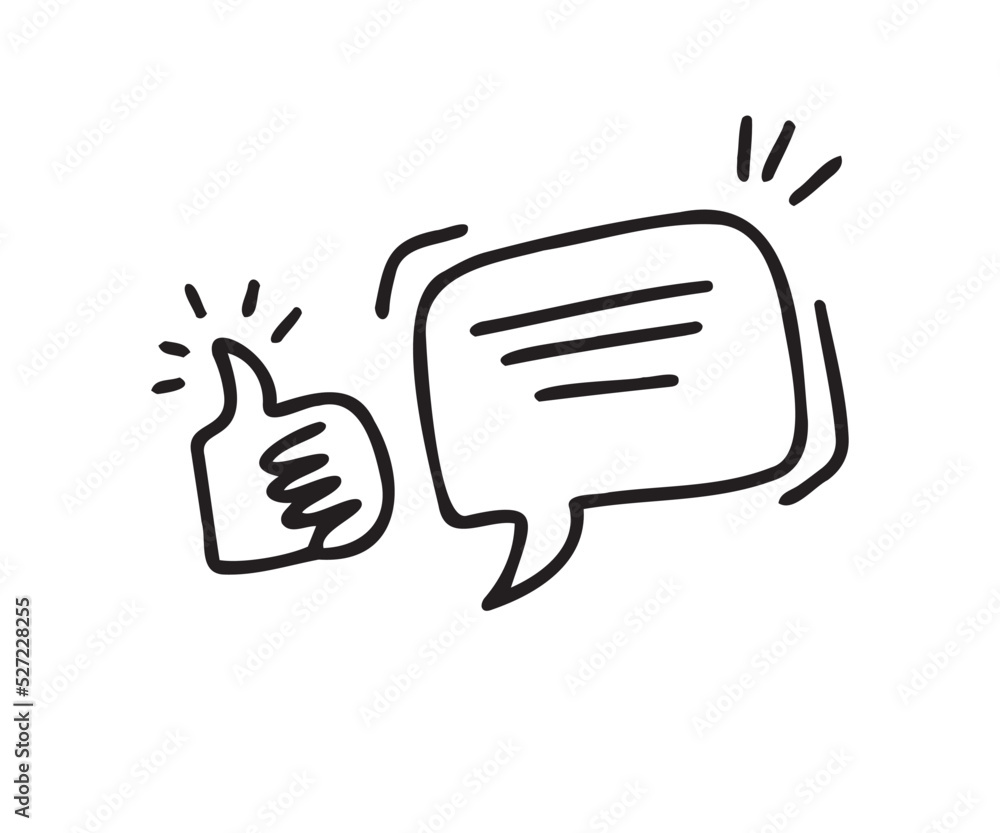 Doodle thumb up arrow and bubble speech symbol for like share and comment. Hand drawn illustration Doodle thumb up arrow and bubble speech symbol for like share and comment. Hand drawn illustration