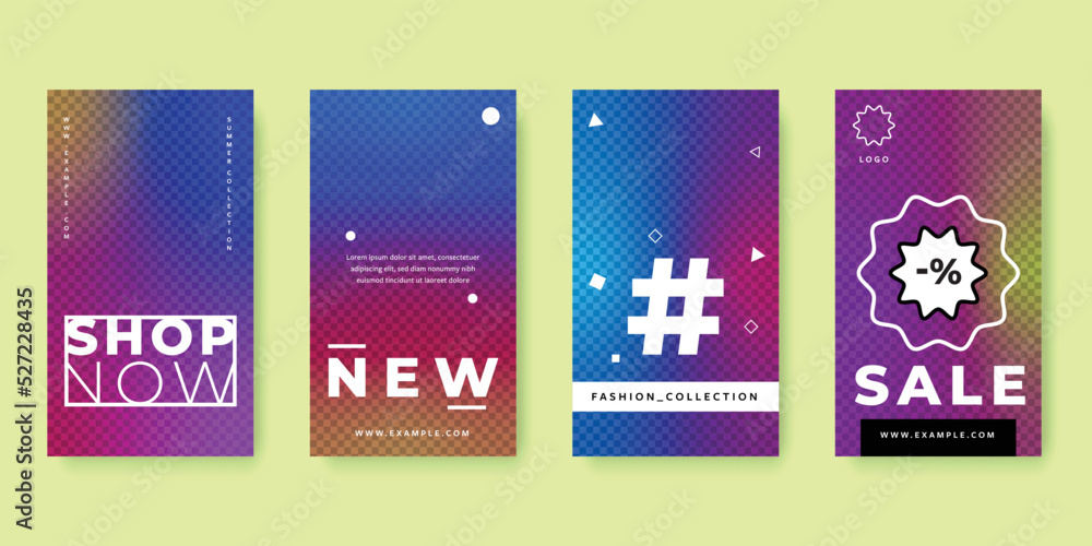 vertical banners for social media, instagram templates with red and blue gradient, trendy business story layouts with white design elements, blurry banners for creative agency, vector graphics