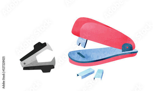 Set of stapler, staples and staple remover clipart. Simple stapler staple remover tool and staples watercolor style vector illustration isolated on white. Stapler office stationery cartoon hand drawn