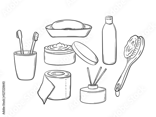 A selection of hygiene items for the bathroom and toilet. Medical and hygiene goods. Vector isolated illustration in sketch style.