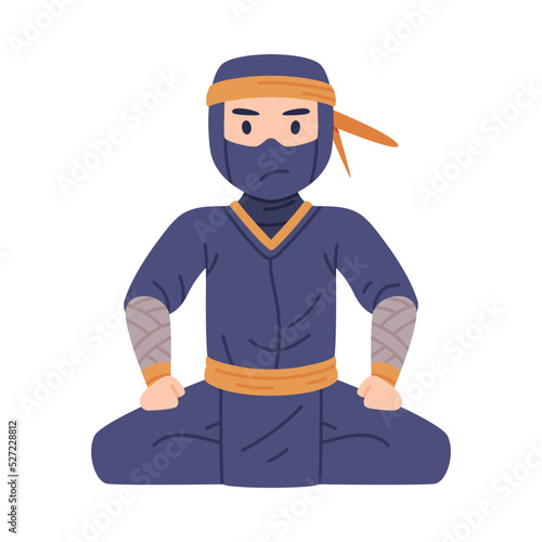 Cross Legged Ninja or Shinobi Character as Japanese Covert Agent or Mercenary in Shozoku Disguise Costume Vector Illustration