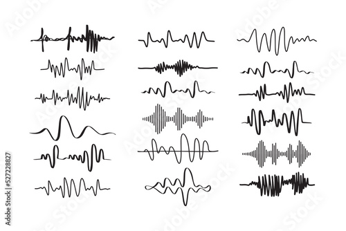 Sound waves. Doodle audio frequency, radio signal, voice line waveform, volume music level symbol