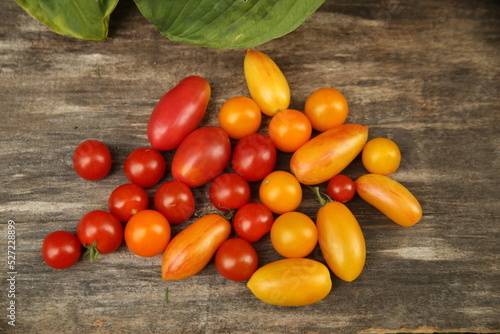 Red and yellow tomatoes on dark wooden surface