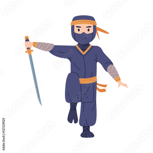 Ninja or Shinobi Character as Japanese Covert Agent or Mercenary in Shozoku Disguise Costume with Sword in Fighting Pose Vector Illustration