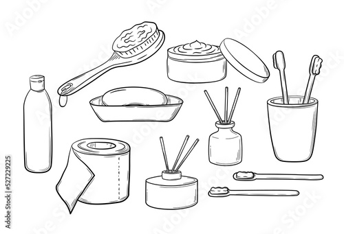 A selection of hygiene items for the bathroom and toilet. Medical and hygiene goods. Vector isolated illustration in sketch style.