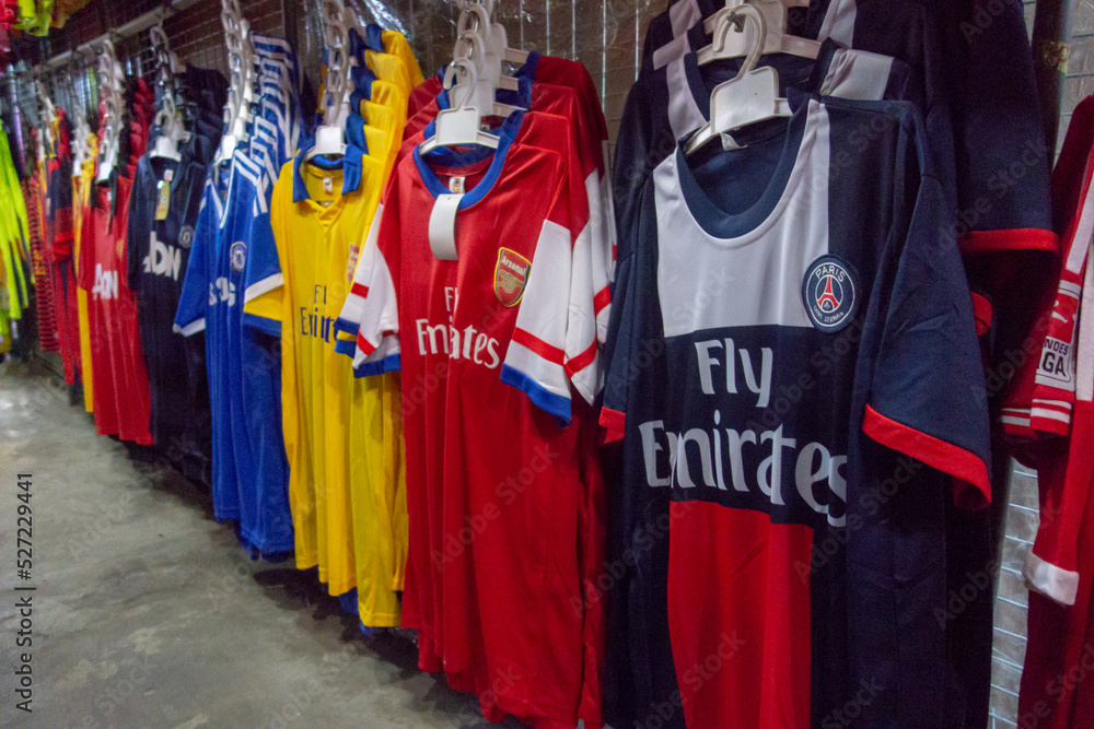CIRCA 2015 Various fake replica jerseys from famous football clubs