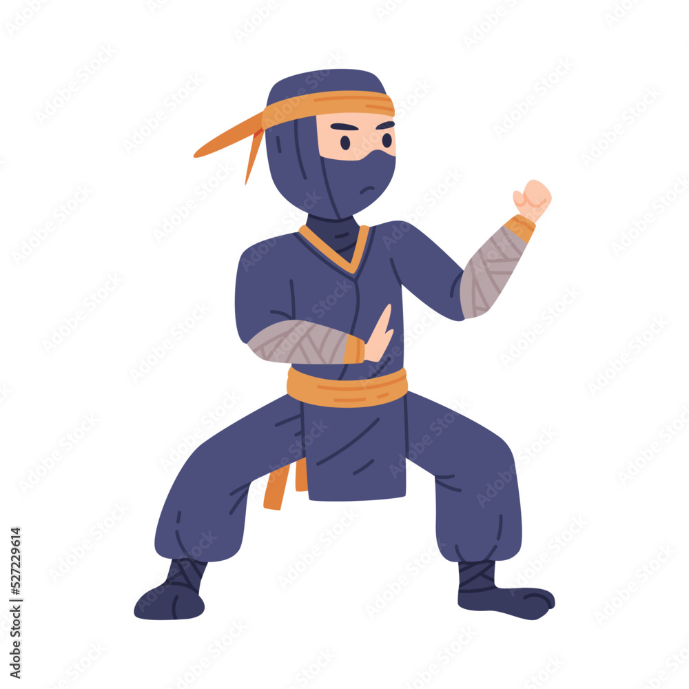 Ninja or Shinobi Character as Japanese Covert Agent or Mercenary in Shozoku Disguise Costume in Fighting Pose Vector Illustration