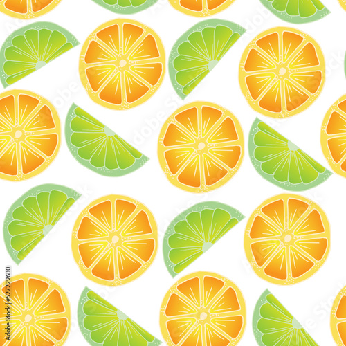 Seamless pattern of green and yellow slices of lemon on a white background