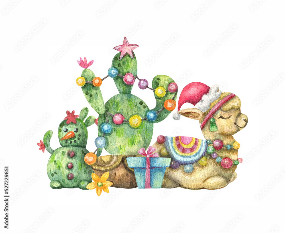 Obraz premium Cartoon illustration with cute beanie alpaca, new year decorated cactus, cactus snowman, flowers, gifts. Christmas, New Year in warm countries. New Year illustration for southern countries.