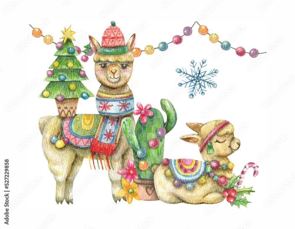 Cartoon illustration with cute beanie alpaca, new year decorated cactus, snowflakes, garland, gifts. Christmas, New Year in warm countries. New Year illustration for southern countries. Cartoon illustration with cute beanie alpaca, new year decorated cactus, snowflakes, garland, gifts. Christmas, New Year in warm countries. New Year illustration for southern countries.