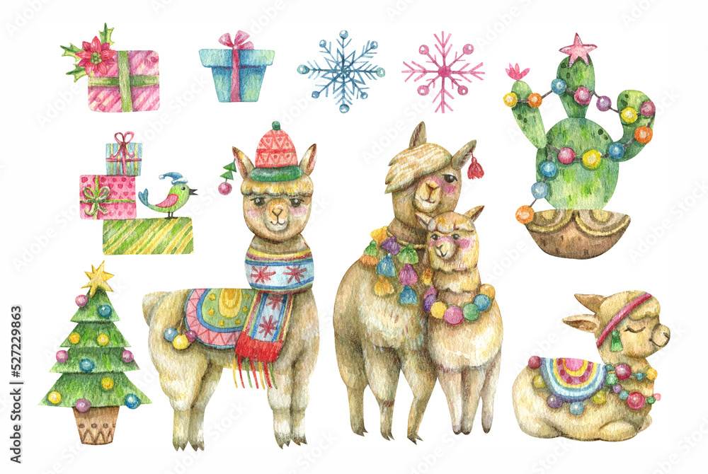 Fototapeta premium Watercolor set in cartoon new year style. Cute alpacas, gift boxes, dressed up cactus, Christmas tree, holiday patterns and snowflakes.