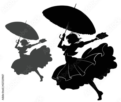 A black silhouette with a cheerful girl in a fluffy dress with a briefcase and an umbrella, she runs as if hovering with unprecedented ease in a dynamic pose. 2d anime art