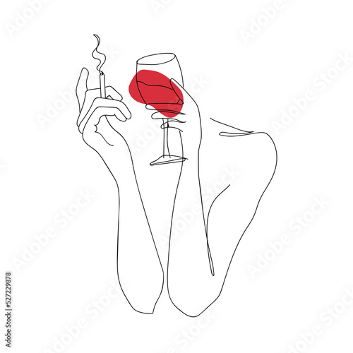 Continuous line drawing of hand holding smoking cigarette and wine glass. Vector illustration.
