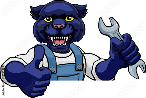 A panther cartoon animal mascot plumber, mechanic or handyman builder construction maintenance contractor peeking around a sign holding a spanner or wrench and giving a thumbs up