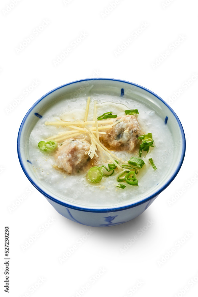 Tradition chinese cuisine meat ball porridge on white background Tradition chinese cuisine meat ball porridge on white background