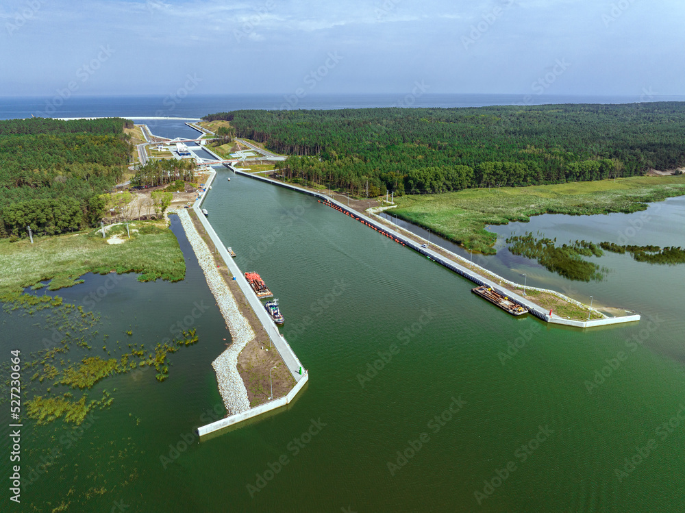 Construction of a canal to the Baltic Sea on the Vistula Spit. The Bay of Gdańsk to the Vistula Lagoon. Construction site from above. Poland. Europe. 