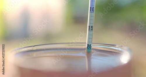 Winegrower placing hydrometer in glass cup for a test of grape juice. Checking alcohol of wine with wine alcohol meter.