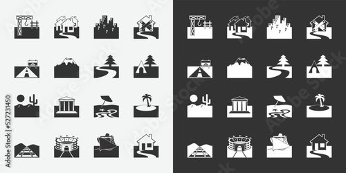 Different landscape and buildings vector icon. Black and white vector symbols for your design. Vector illustration eps10