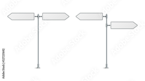 Vector illustration of blank road signs isolated on white background. Set of traffic signs with place for text. Collection of realistic white traffic control signs on metal poles. 
