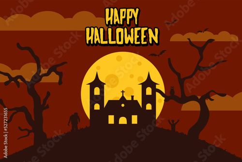 Happy halloween event flat banner vector template. Autumn holiday night party invitation card design layout. Scary  spooky cartoon background with pumpkin and lettering