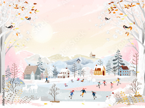 Panorama Winter landscape, Christmas and new year celebrating in city,Vector of horizontal banner winter wonderland in the town with happy kids sledding and playing ice skates in the park