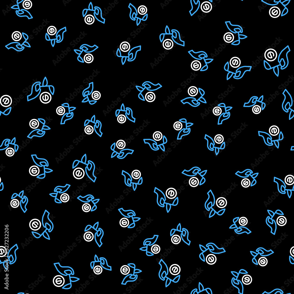 Line Leaf in hand of environmental protection icon isolated seamless pattern on black background. Seed and seedling. Planting sapling. Ecology concept. Vector Line Leaf in hand of environmental protection icon isolated seamless pattern on black background. Seed and seedling. Planting sapling. Ecology concept. Vector