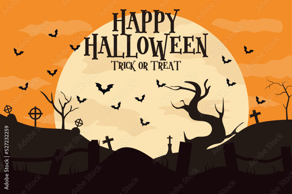 Happy halloween event flat banner vector template. Autumn holiday night party invitation card design layout. Scary, spooky cartoon background with pumpkin and lettering