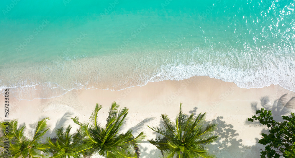 The aerial  view landscape of a Tropical  Summer palm beach and sandy beach and ocean with waves background - obrazy, fototapety, plakaty 