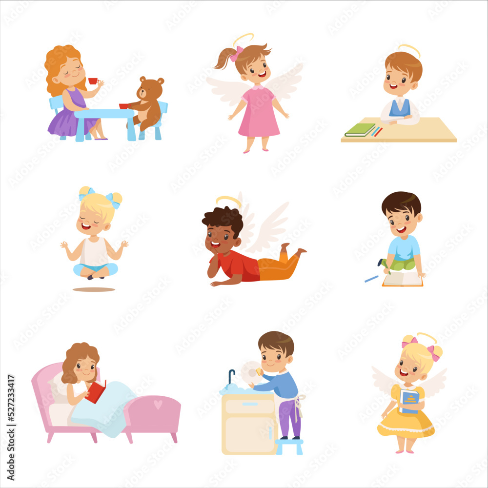 Obedient Boy and Girl with Good Breeding Engaged in Different Activity Vector Big Set Obedient Boy and Girl with Good Breeding Engaged in Different Activity Vector Big Set