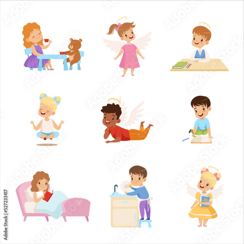 Obedient Boy and Girl with Good Breeding Engaged in Different Activity Vector Big Set