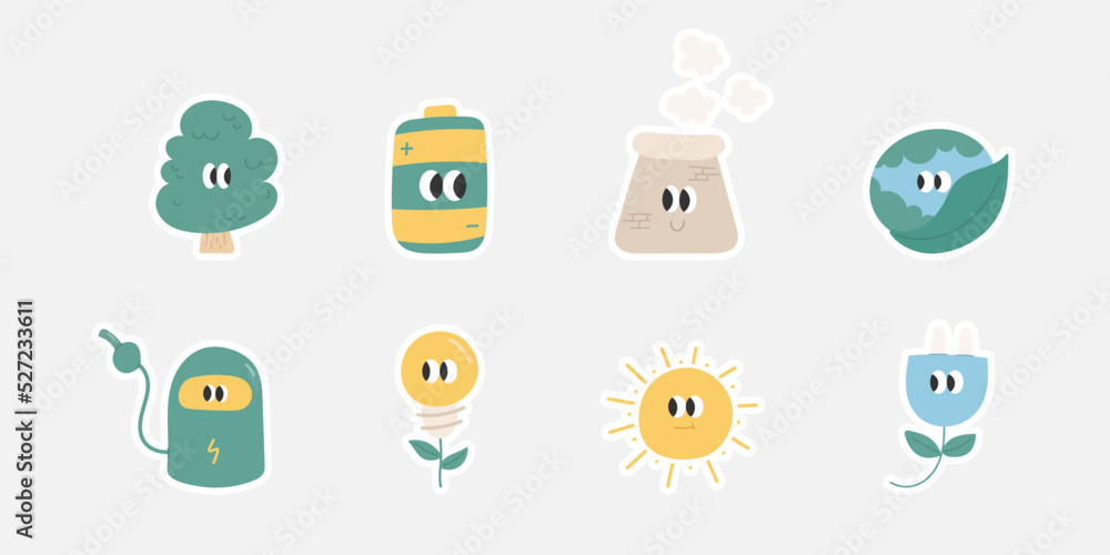 Ecology cartoon doodles set. Cute cartoon doodles sticker design. Vector illustration. Ecology cartoon doodles set. Cute cartoon doodles sticker design. Vector illustration.