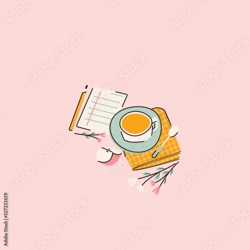 Stylish cute illustration with a morning routine. Drink, flowers, planner, apple, towel, spoon. Vector card, print, design
