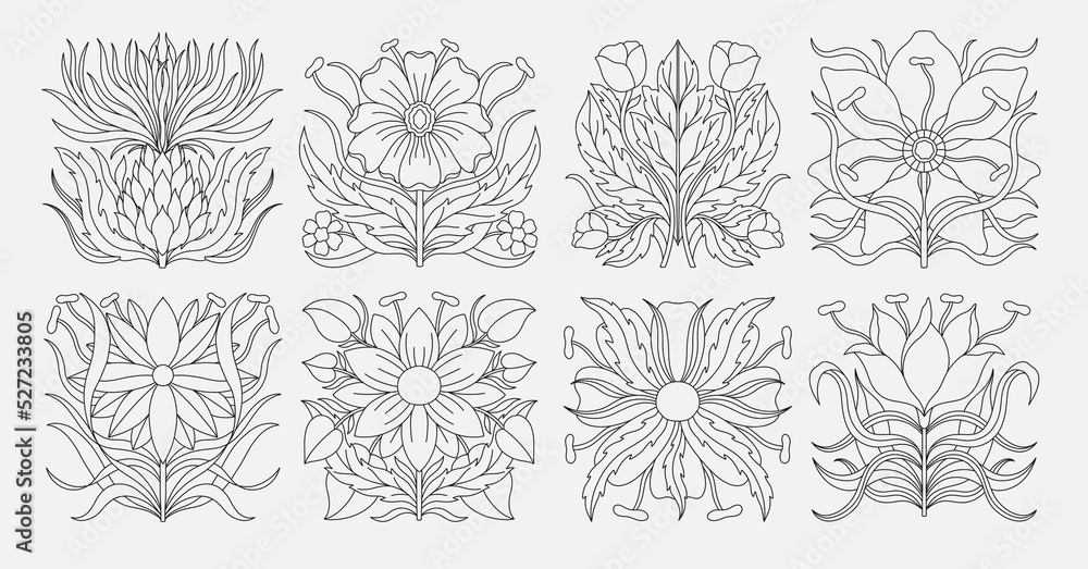 Fototapeta premium Art nouveau style flower plant stencil basic element. 1920-1930 years vintage design. Symbol motif design.