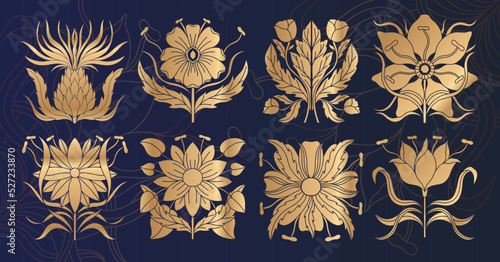 Art nouveau style flower plant basic element. 1920-1930 years vintage design. Symbol motif design.