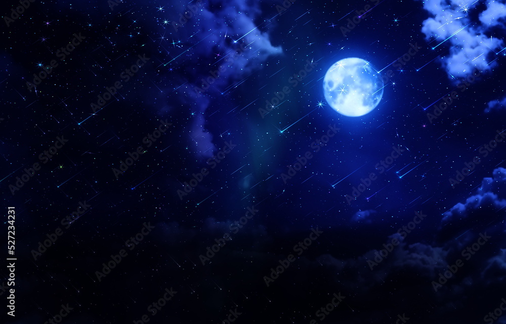 Obraz premium moon on star fall blue lilac starry sky sunset star fall cloudy dramatic with planet flares universe purple nebula