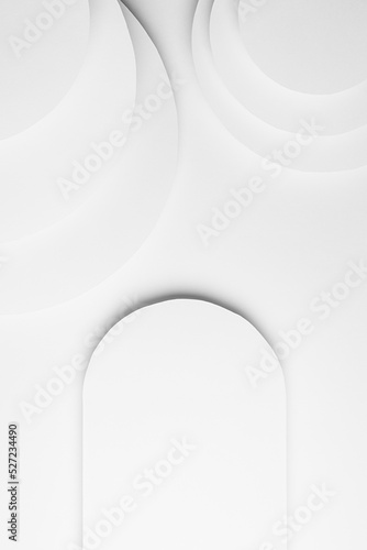 White abstract geometric background in simple minimalist style with flying soft light white round surfaces and rounded arch for text as relievo stepped backdrop with copy space, top view, vertical.