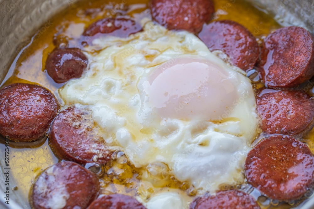 Turkish Sausage (sausage) and eggs. Sausage Fried Egg, egg with bacon from top view, sausage with egg omelette.
