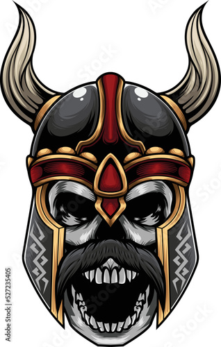 vector illustration of skull wearing viking helmet in vintage style