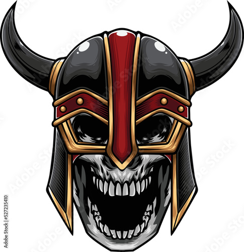 vector illustration of skull wearing viking helmet in vintage style
