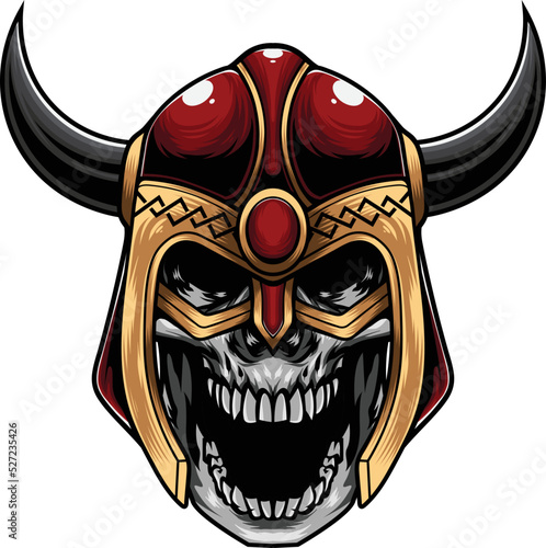 vector illustration of skull wearing viking helmet in vintage style