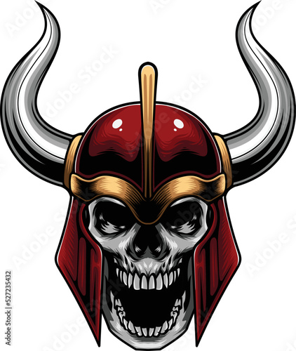vector illustration of skull wearing viking helmet in vintage style