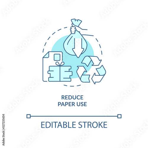Reduce paper use turquoise concept icon. Zero waste business abstract idea thin line illustration. Conserve energy. Isolated outline drawing. Editable stroke. Arial, Myriad Pro-Bold fonts used