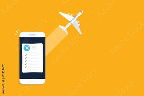 Flight insurance document on mobile phone. Airlines risk safety assurance agreement, checklist. Airplane travel coverage protection.	