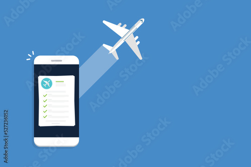 Flight insurance document on mobile phone. Airlines risk safety assurance agreement, checklist. Airplane travel coverage protection.	