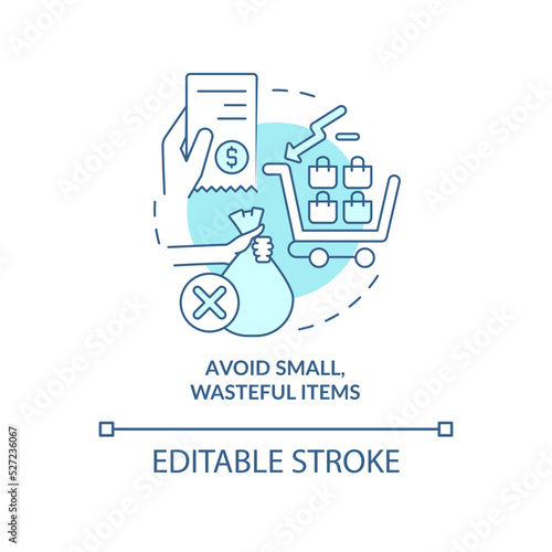 Avoid small wasteful items turquoise concept icon. Sustainable shopping practice abstract idea thin line illustration. Isolated outline drawing. Editable stroke. Arial, Myriad Pro-Bold fonts used